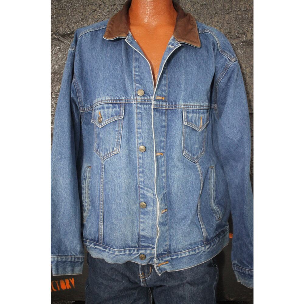 Vintage Marlboro Country Store Denim Jacket XL – Leather Collar, Plaid Lined